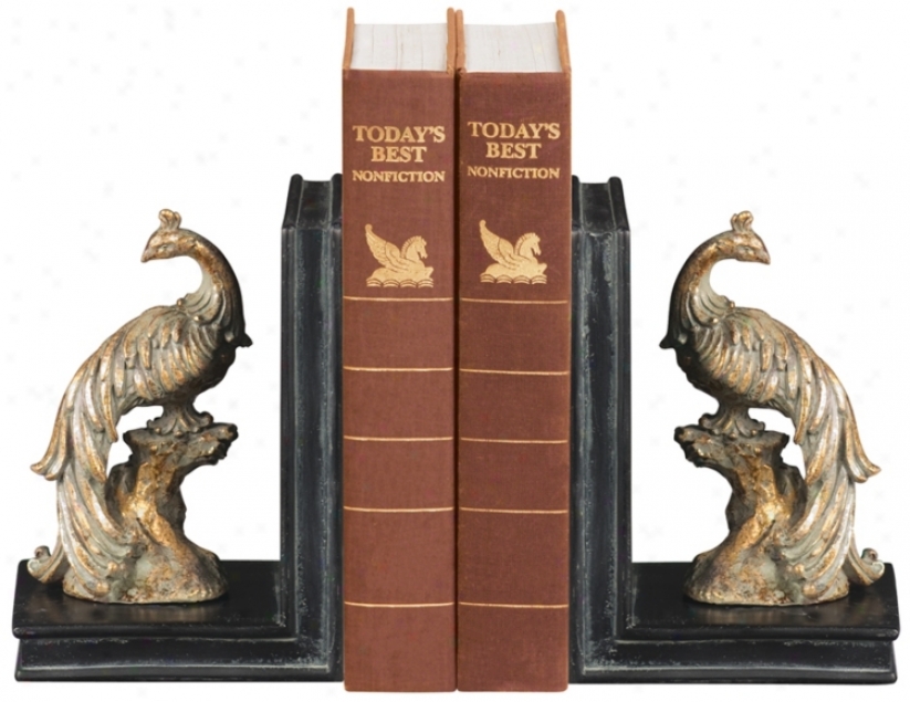 Set Of 2 Perching Peacock Bookends (u6813)