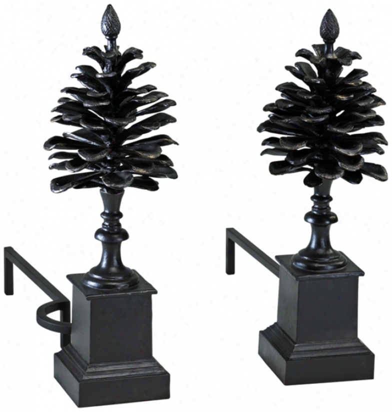 Set Of 2 Pine Cone Iron Fireplace Andirons (v0477)