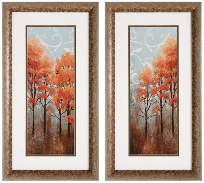 Set Of 2 Red Trees I/ii 26" High Autumn Tree Wall Art Prints (v6201)