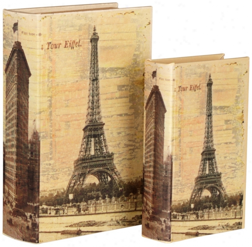 Set Of 2 Silk Covered Eiffel Book Boxes (t8767)