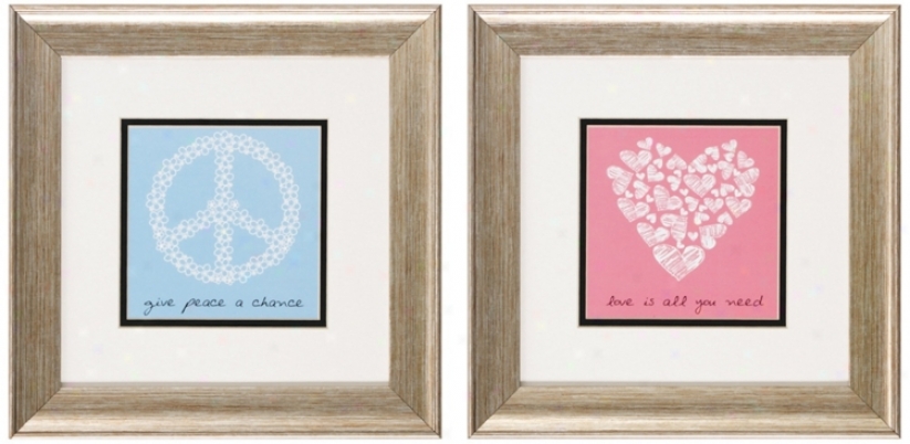 Set Of 2 Silver Frame Peace And Love Wall Art (v6180)