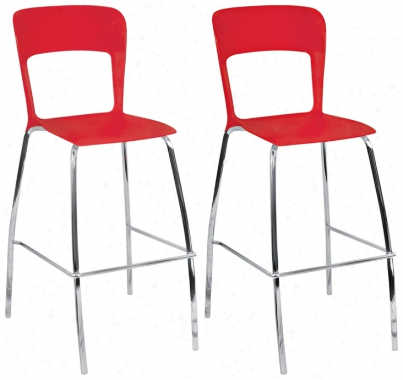 Set Of 2 Tone Red And Chrome Contemporary Bar Stools (t8299)