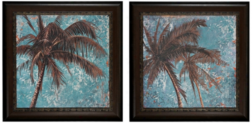 Set Of 2 Turquiose Palm Tree 30" Square Wall Art Prints (v7319)