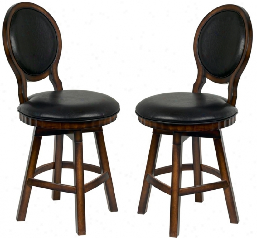 Set Of 2 Walnut Wood And Black Leather Counter Stools (p3856)