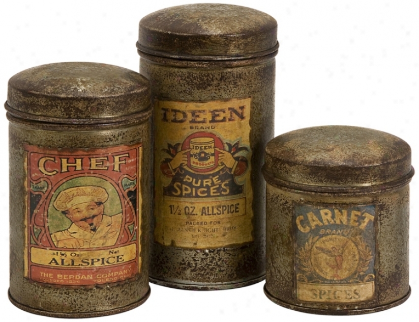 Set Of 3 Addie Small Antique Metal Canisters (t9968)