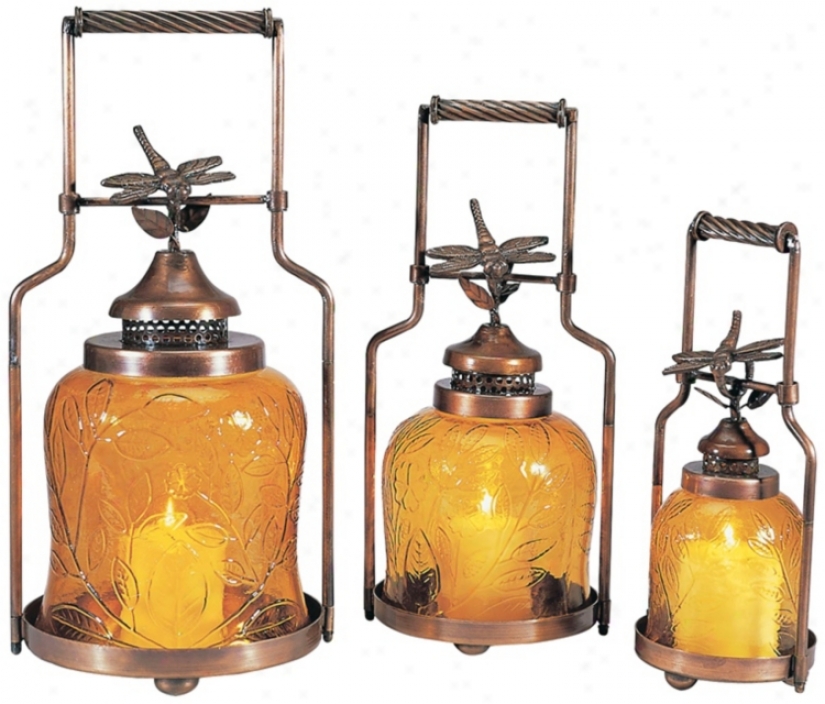 Set Of 3 Amber Glass Dragonfly Nested Lanterns (u7481)