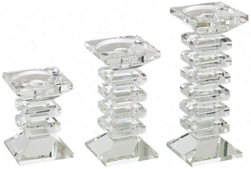 Set Of 3 Block Crystal Glass Candle Holfers (r6042)