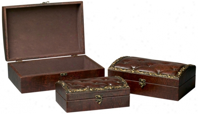 Set Of 3 Brown Tufted Faux Leather Boxes (p1603)