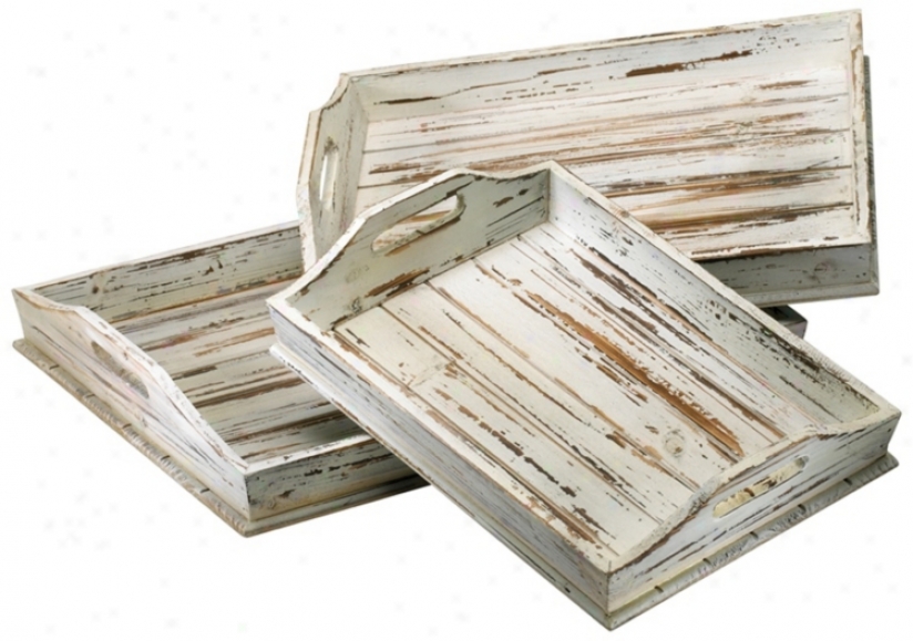 Set Of 3 Distressed White Rectangular Wood Trays (v1561)