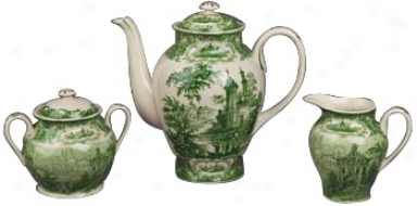 Set Of 3 Green And White China Cream Sugar And Tea Set (r3302)