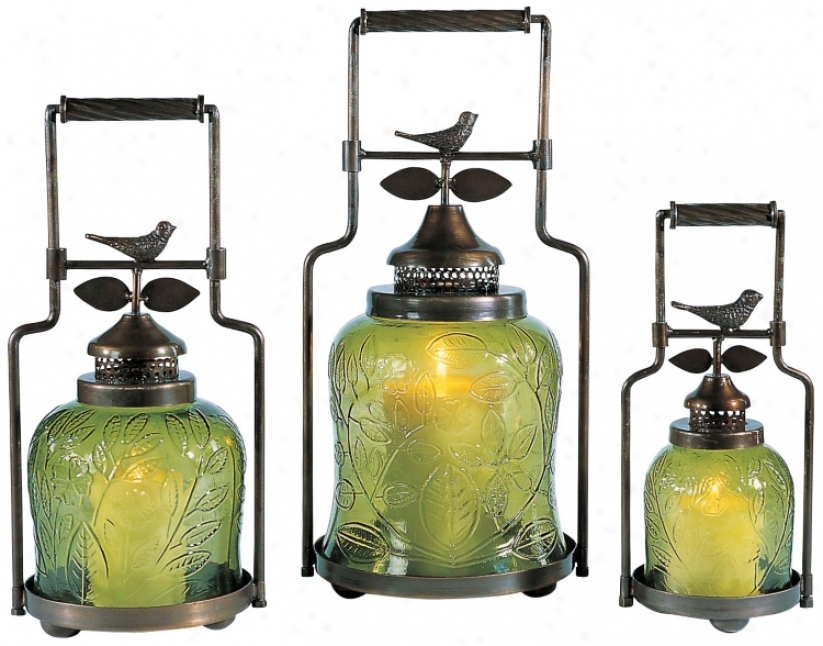 Set Of 3 Green Bird Nested Lanterns (u7483)