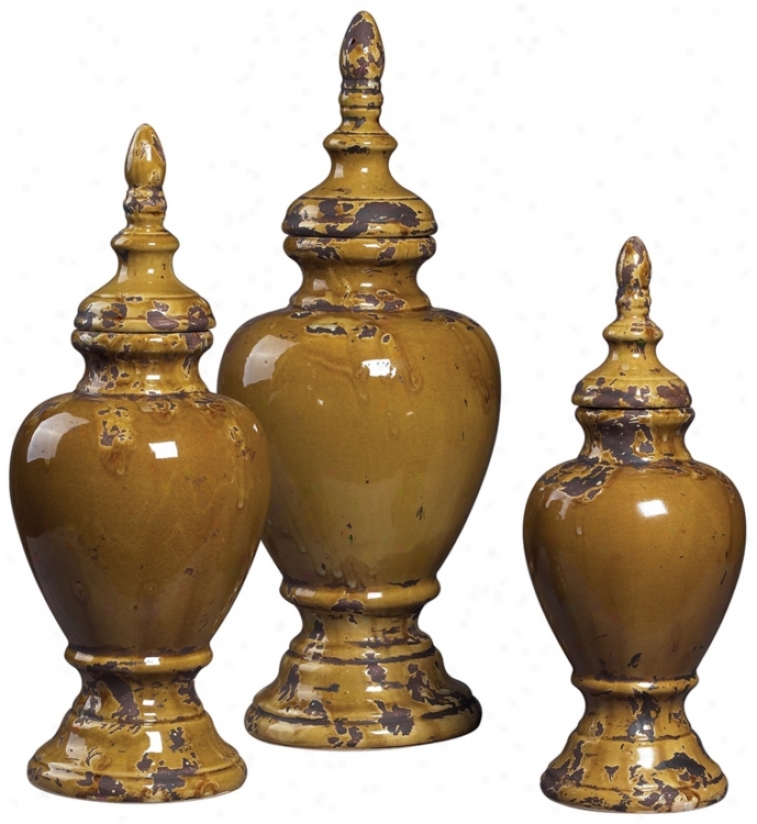 Set Of 3 Lidded Dijon Yellow Ceramic Jars (u6864)