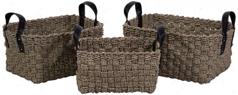 Set Of 3 Natural Seagrass Baskets W/ Handles (n1588)