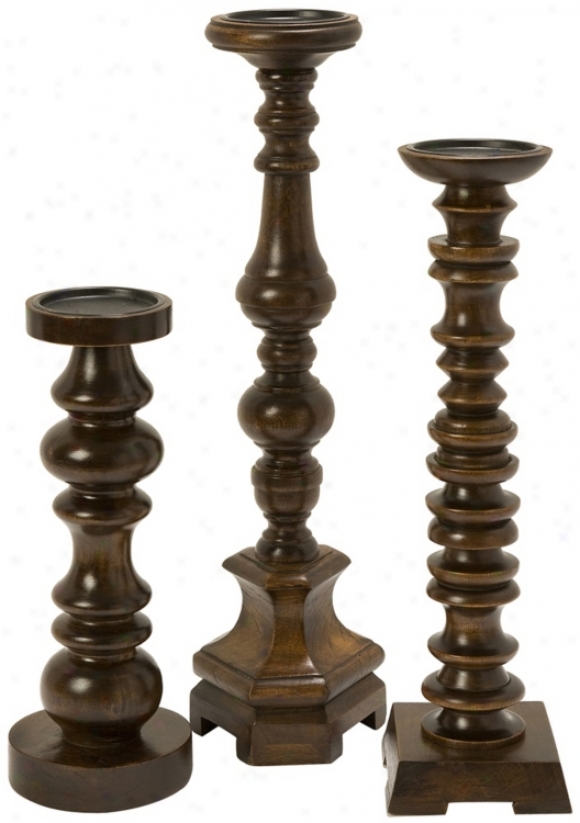 Set Of 3 Nilay Old Oak Wood Candleholders (t9866)