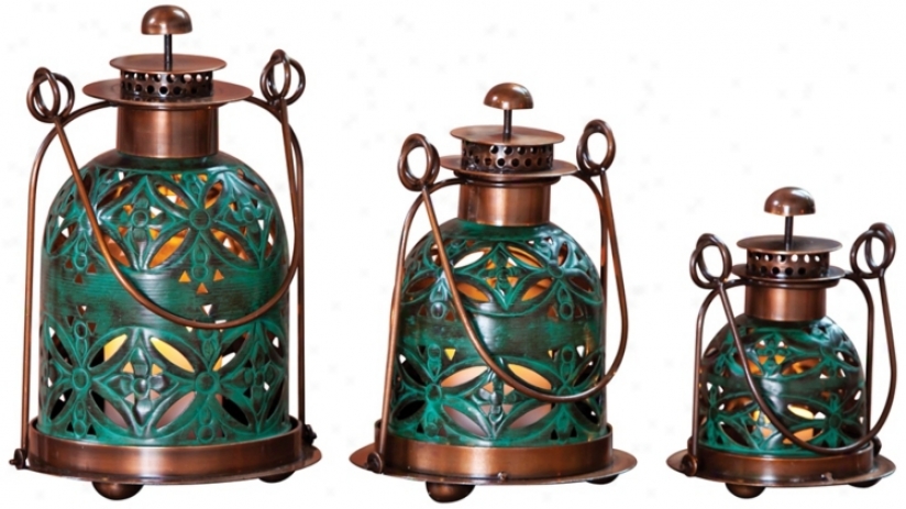 Set Of 3 Pierced Floral Copper And Teal Candle Lanterns (w3094)