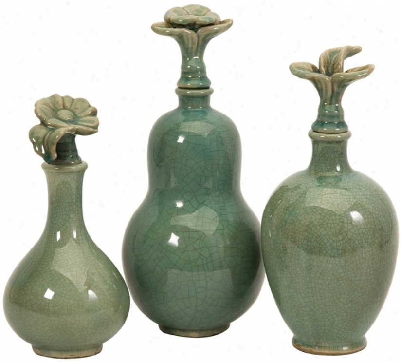 Sef Of 3 Polished Green Blossom Bottles (t9800)