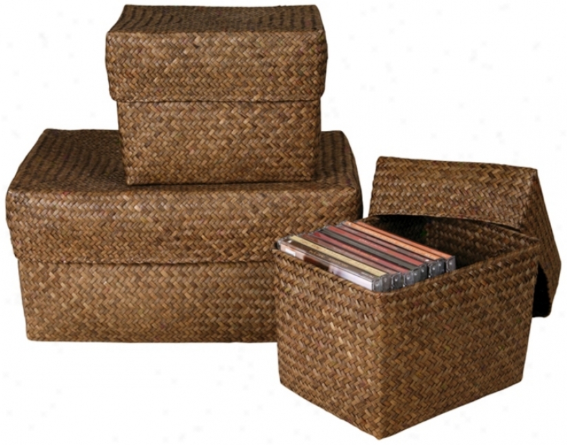 Set Of 3 Rectangular Kona Seagrass Boxes With Lids (n7148)