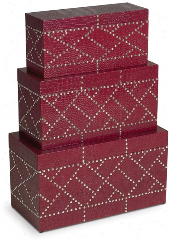 Set Of 3 Red Faux Leather Nailhead Decorative Boxes (p1234)