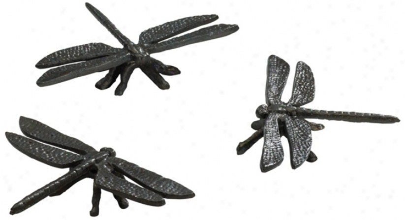 Set Of 3 Rustic Verde Bronze Dragonflies (v4516)