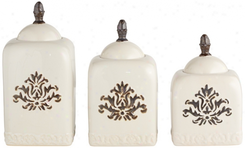 Set Of 3 White Ceramic Canisters With Flora lDetailing (r0510)