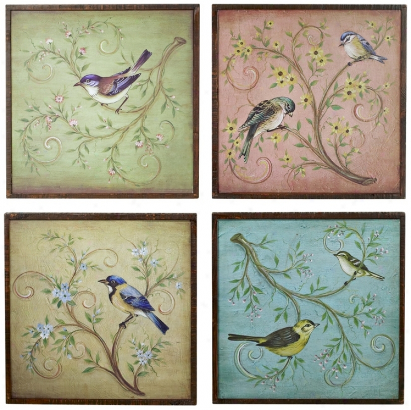 Set Of 4 17" Square Birds On A Tree Limb (n6889)