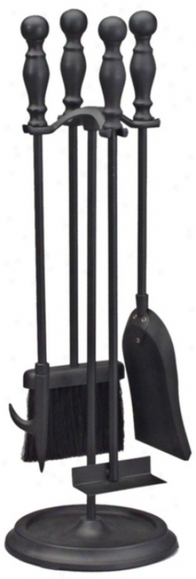 Set Of 4 Black Wrought Iron Fireplace Tools With Base (u9743)