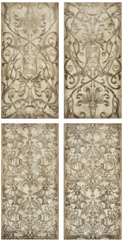 Write Of 4 Floral Toile Panels I/ii/iii/ivv Wall Art (n3179)