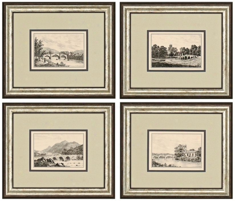 Set Of 4 Idyllic Bridges Framed Prints Wall Art (j3865)