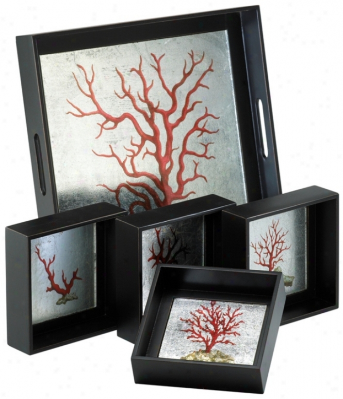 Set Of 5 Coral Black Wood Trays (v1563)