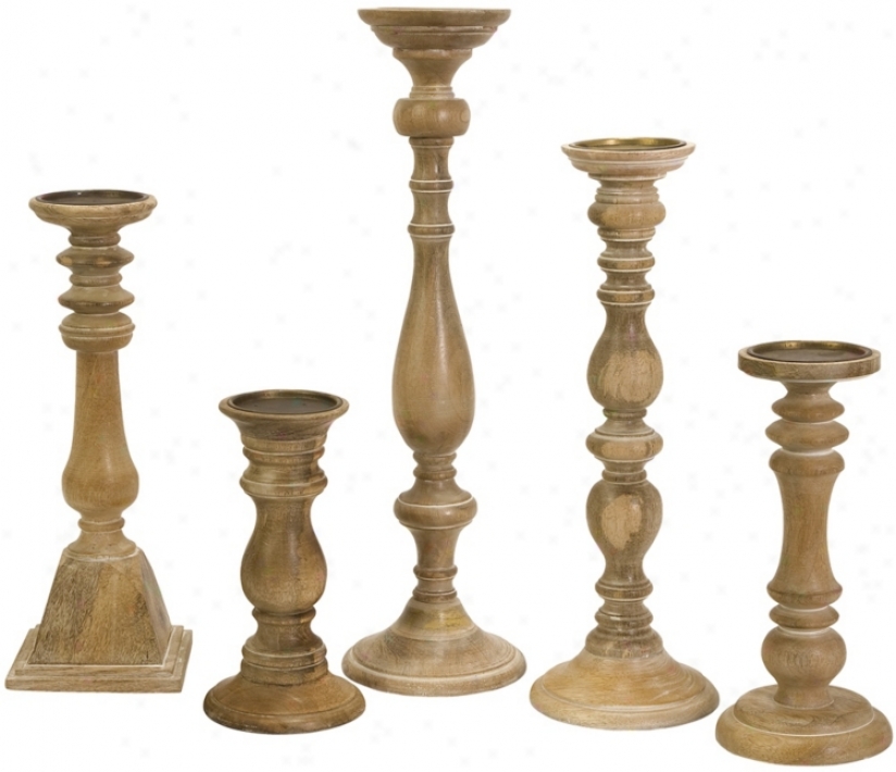 Set Of 5 Mason Natural Wazh Wood Candle Holders (t9863)