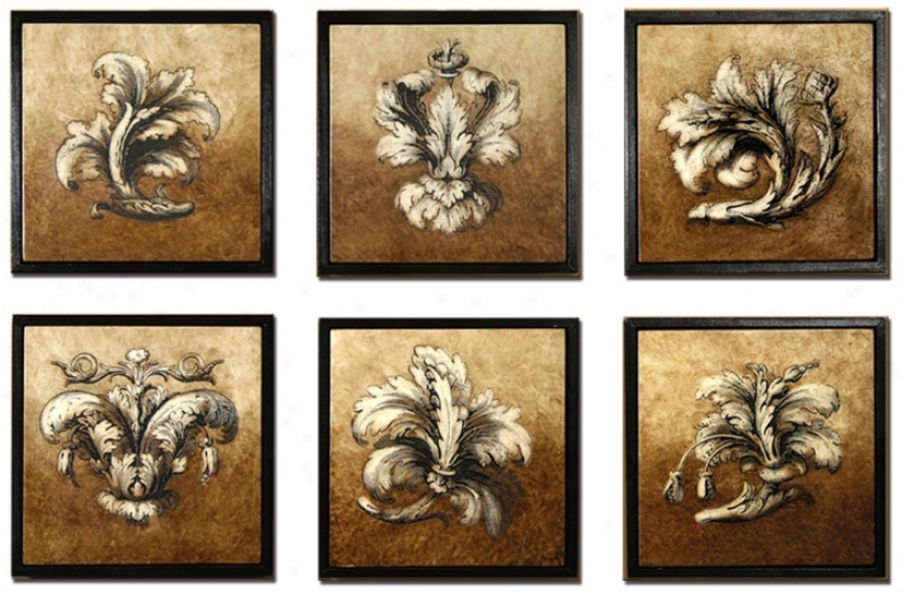 Placed Of 6 Sienna Framed Leaves Wall Art Pieces (m0434)