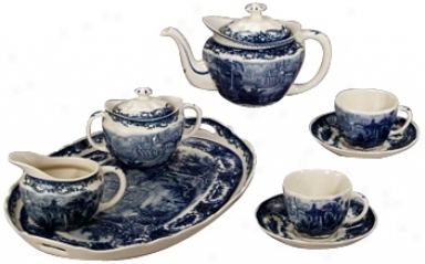Set Of 8 Blue And White Porcelain 9" Wide Tea Set (r3306)