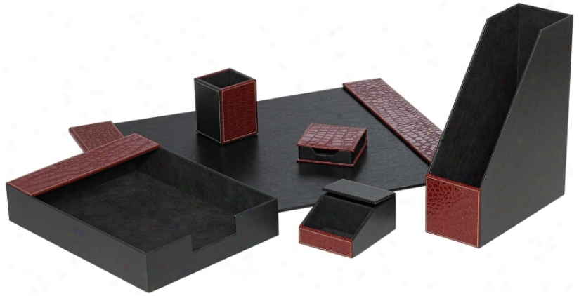 Stake Of Six Black Leather And Red Mock Croc Desk Set (m5318)