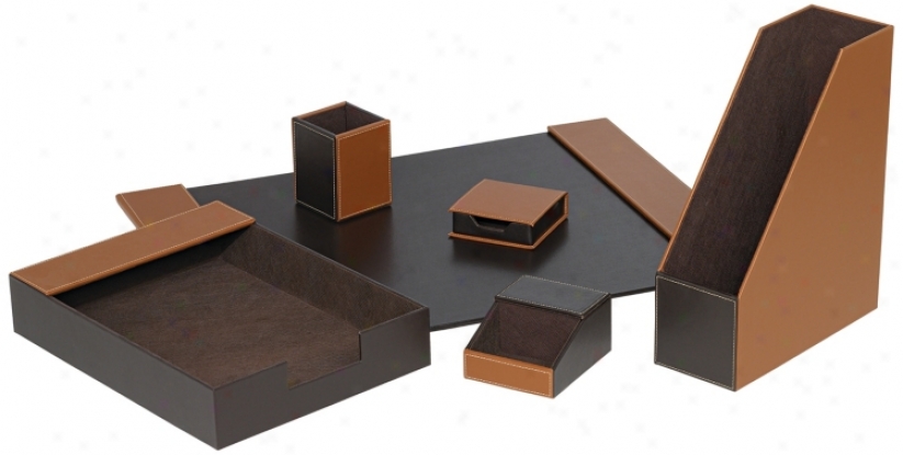 Set Of Six Coffee Brown Faux Leather Desk Set (m5319)