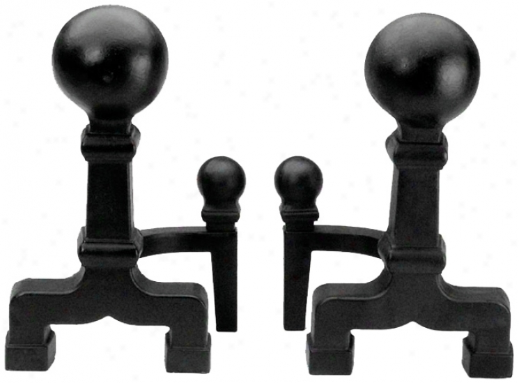 Set Of Two Black Wrought Iron Ball Top Andirons (l0237)