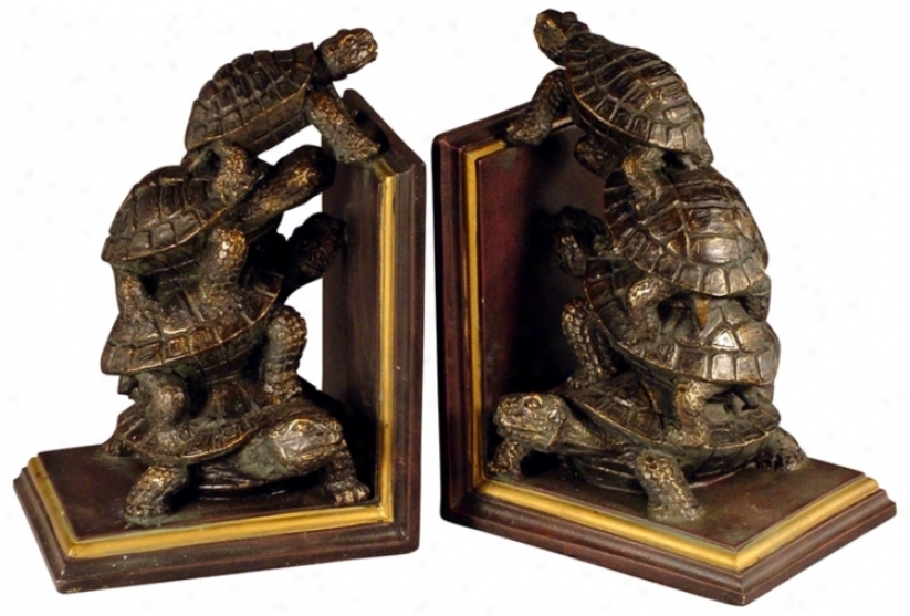 Set Of Two Bronze Turtle Bookends (f3940)