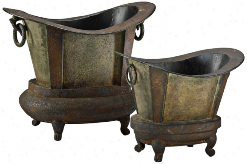 Set Of Two Footer Tub Smokey Grey With Rustic Iron Planters (v0935)