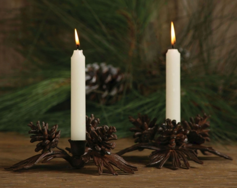 Set Of Two Pine Cone Taper Candle Holders (n713O)