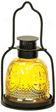 Small Amber Pressed Glass Lantern Candle Holder (u9853)