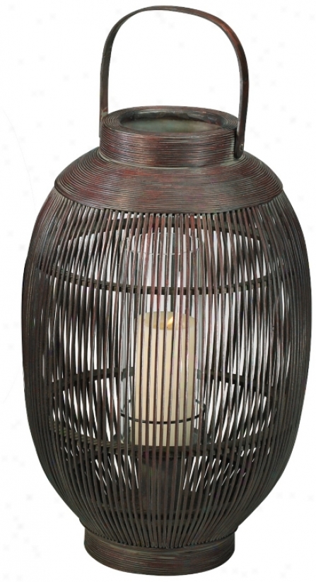 Small Asian Rustic Iron Pillar Candle Lantern (u6983)