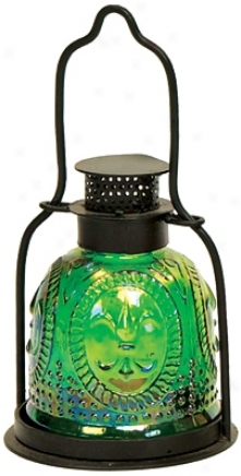 Small Green Pressed Glass Lantern Candle Holder (u9845)