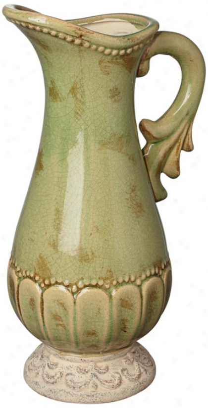 Soft Green And Brown Italian Ceramic Pitcher (u0675)