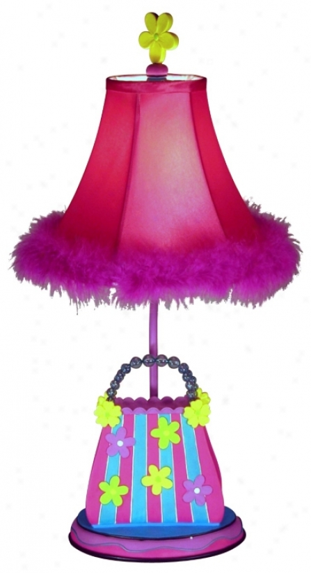 Striped Flower Purse Table Lamp With Pink Feather Shade (24442)