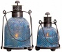 Set Of 2 Blue Mosaic Glass Taper Lanterns (w2984)