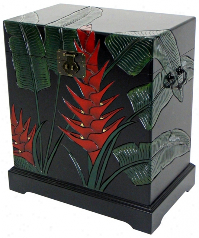 Troopical Heliconia Flower Carved Storage Trunk (h5495)