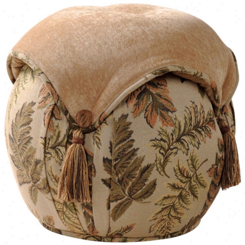 Woodland Round Leaf And Tan Button Tassel Ottoman (u0745)