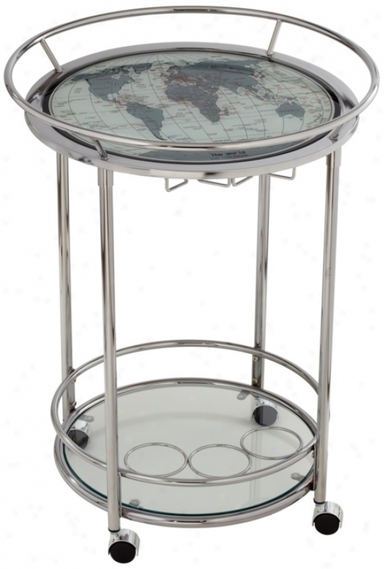 Worod Map Chrome And Glass Serving Cart Attached Wheels (u4428)