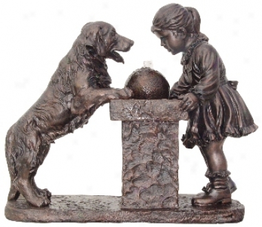 Young Girl And Labrador Dog Antique Bronze Fountain (h5574)