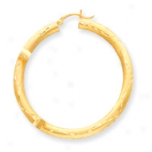 14k 4mm Satin And Diamond-cut Hoop Earrings