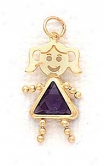 14k 5mm Girl February Birthstone Cz Gold Face Pendant